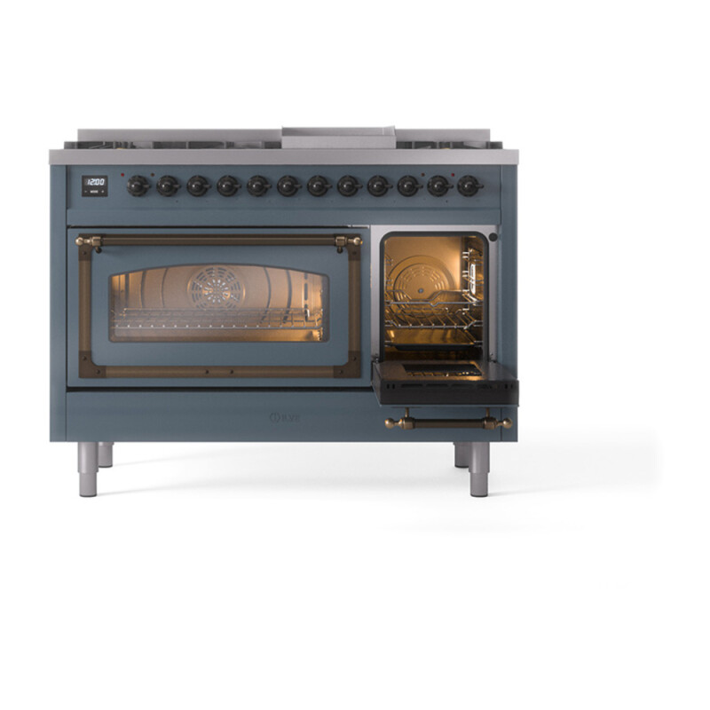 Nostalgie II Noblesse 48″ Dual Fuel Range (8 Sealed Burners + Griddle, Natural Gas, Triple Glass Door, Blue Grey, Burnished) UN48FNMPBGB
