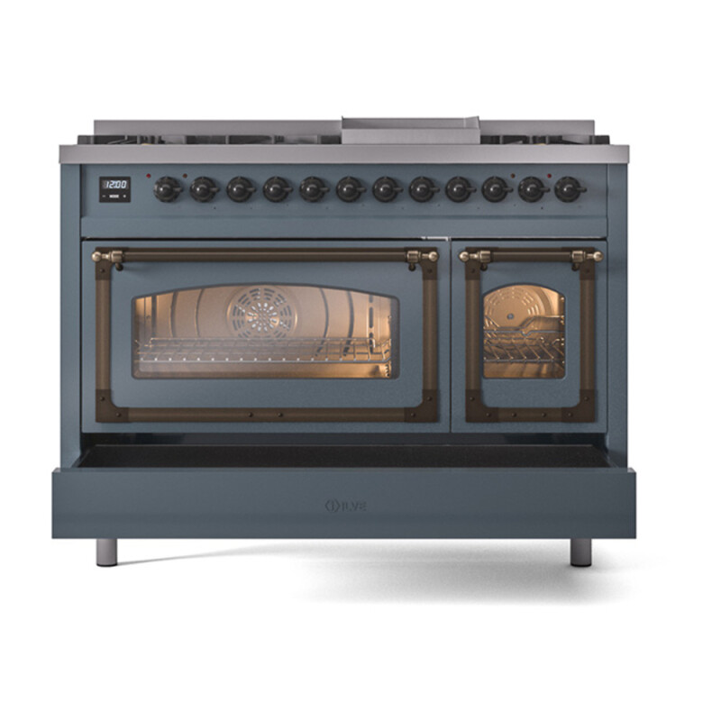 Nostalgie II Noblesse 48″ Dual Fuel Range (8 Sealed Burners + Griddle, Natural Gas, Triple Glass Door, Blue Grey, Burnished) UN48FNMPBGB