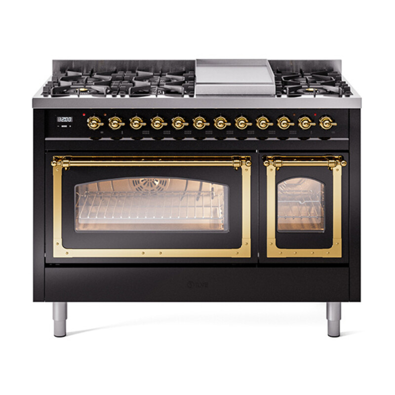 Nostalgie II Noblesse 48″ Dual Fuel Range  (8 Sealed Burners + Griddle, Natural Gas, Triple Glass Door, Glossy Black, Brass) UN48FNMPBKG