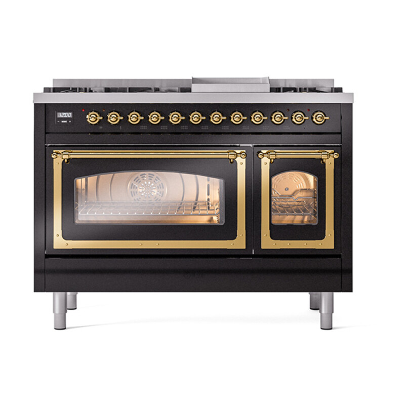 Nostalgie II Noblesse 48″ Dual Fuel Range  (8 Sealed Burners + Griddle, Natural Gas, Triple Glass Door, Glossy Black, Brass) UN48FNMPBKG