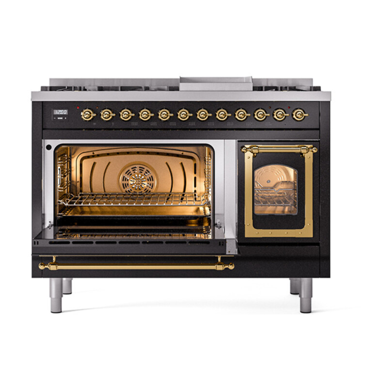 Nostalgie II Noblesse 48″ Dual Fuel Range  (8 Sealed Burners + Griddle, Natural Gas, Triple Glass Door, Glossy Black, Brass) UN48FNMPBKG