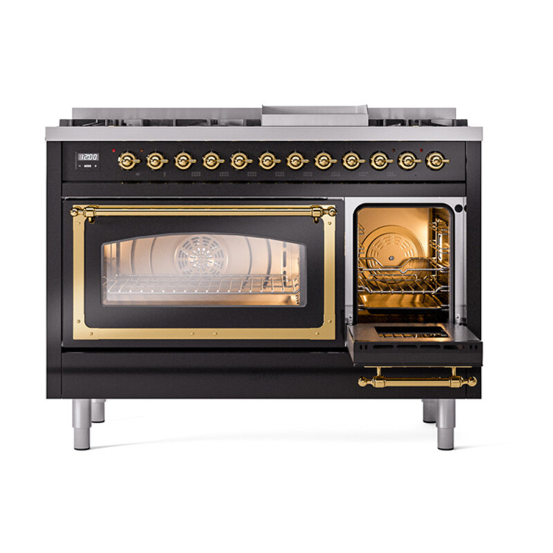 Nostalgie II Noblesse 48″ Dual Fuel Range  (8 Sealed Burners + Griddle, Natural Gas, Triple Glass Door, Glossy Black, Brass) UN48FNMPBKG