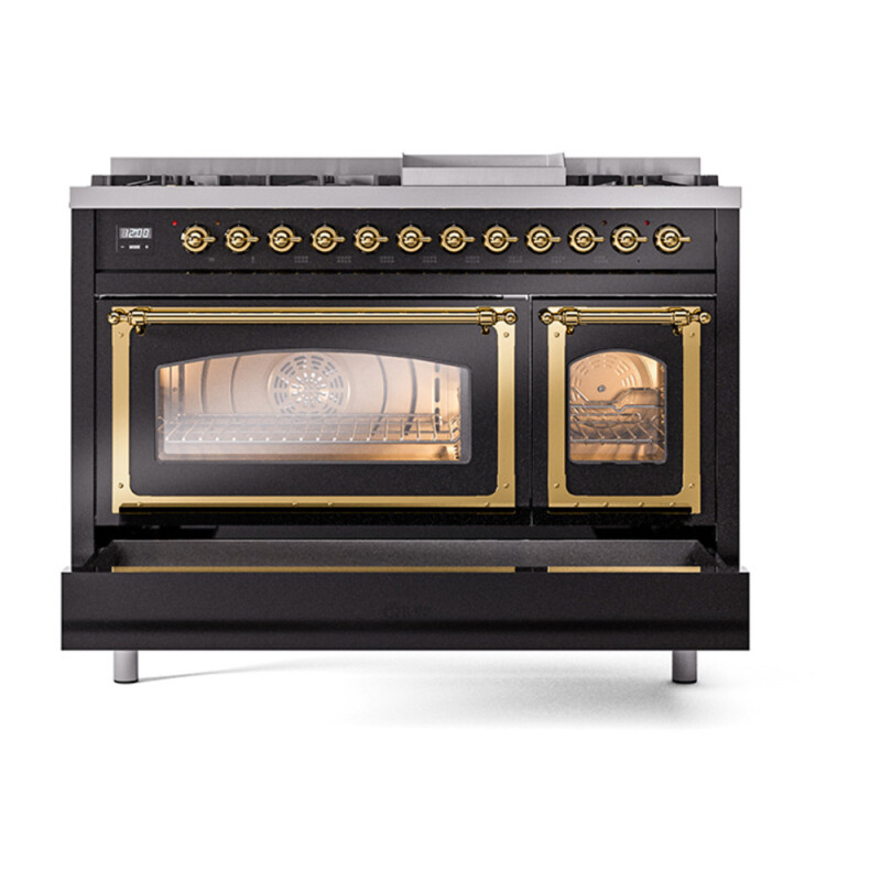 Nostalgie II Noblesse 48″ Dual Fuel Range  (8 Sealed Burners + Griddle, Natural Gas, Triple Glass Door, Glossy Black, Brass) UN48FNMPBKG