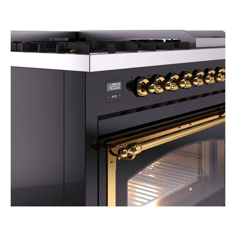 Nostalgie II Noblesse 48″ Dual Fuel Range  (8 Sealed Burners + Griddle, Natural Gas, Triple Glass Door, Glossy Black, Brass) UN48FNMPBKG
