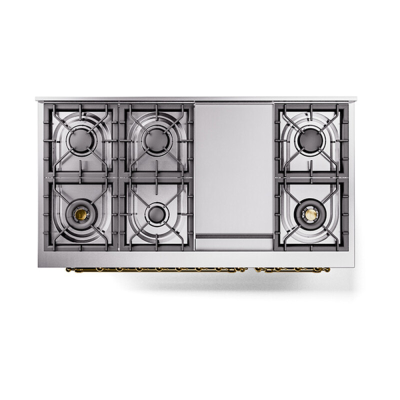 Nostalgie II Noblesse 48″ Dual Fuel Range  (8 Sealed Burners + Griddle, Natural Gas, Triple Glass Door, Glossy Black, Brass) UN48FNMPBKG