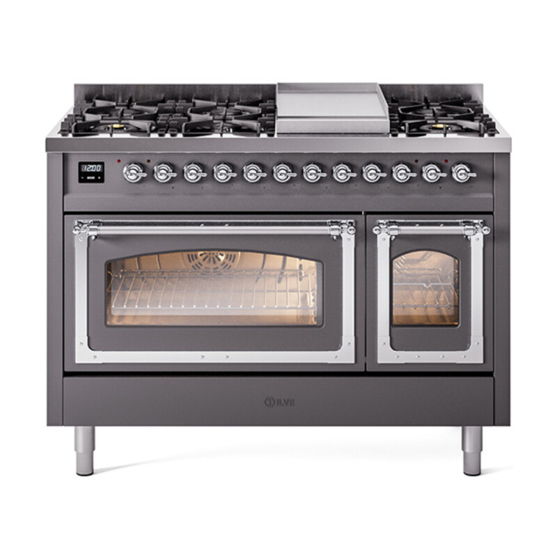 Nostalgie II Noblesse 48″ Dual Fuel Range (8 Sealed Burners + Griddle, Liquid Propane, Triple Glass Door, Graphite Matte, Chrome) UN48FNMPMGCLP