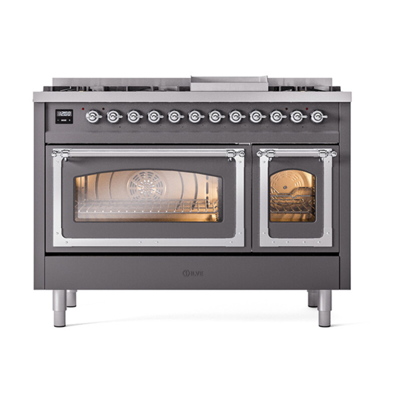 Nostalgie II Noblesse 48″ Dual Fuel Range (8 Sealed Burners + Griddle, Liquid Propane, Triple Glass Door, Graphite Matte, Chrome) UN48FNMPMGCLP