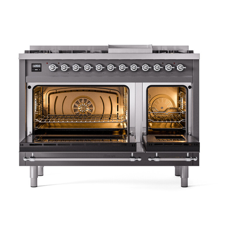 Nostalgie II Noblesse 48″ Dual Fuel Range (8 Sealed Burners + Griddle, Liquid Propane, Triple Glass Door, Graphite Matte, Chrome) UN48FNMPMGCLP
