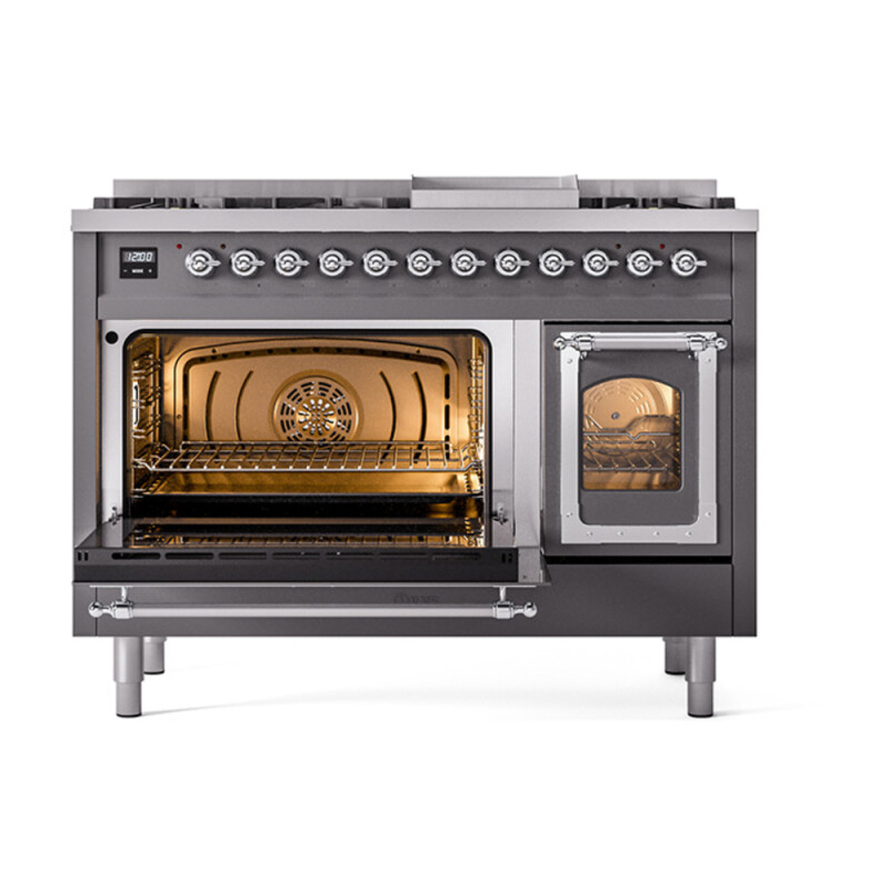 Nostalgie II Noblesse 48″ Dual Fuel Range (8 Sealed Burners + Griddle, Liquid Propane, Triple Glass Door, Graphite Matte, Chrome) UN48FNMPMGCLP