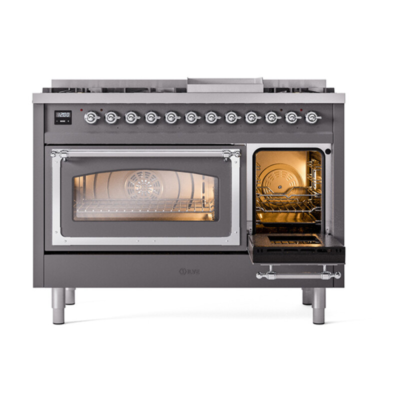 Nostalgie II Noblesse 48″ Dual Fuel Range (8 Sealed Burners + Griddle, Liquid Propane, Triple Glass Door, Graphite Matte, Chrome) UN48FNMPMGCLP