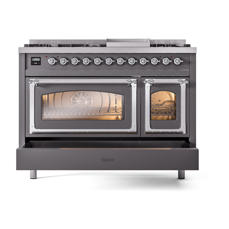Nostalgie II Noblesse 48″ Dual Fuel Range (8 Sealed Burners + Griddle, Liquid Propane, Triple Glass Door, Graphite Matte, Chrome) UN48FNMPMGCLP