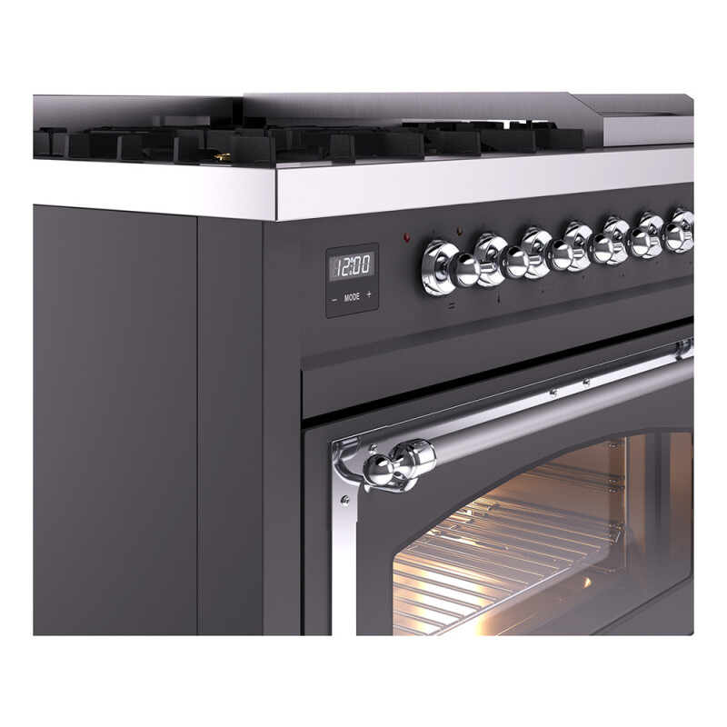 Nostalgie II Noblesse 48″ Dual Fuel Range (8 Sealed Burners + Griddle, Liquid Propane, Triple Glass Door, Graphite Matte, Chrome) UN48FNMPMGCLP