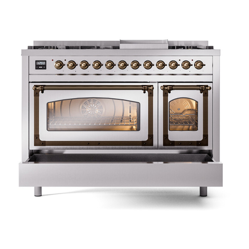 Nostalgie II Noblesse 48″ Dual Fuel Range  (8 Sealed Burners + Griddle, Natural Gas, Triple Glass Door, Stainless Steel, Burnished) UN48FNMPSSB