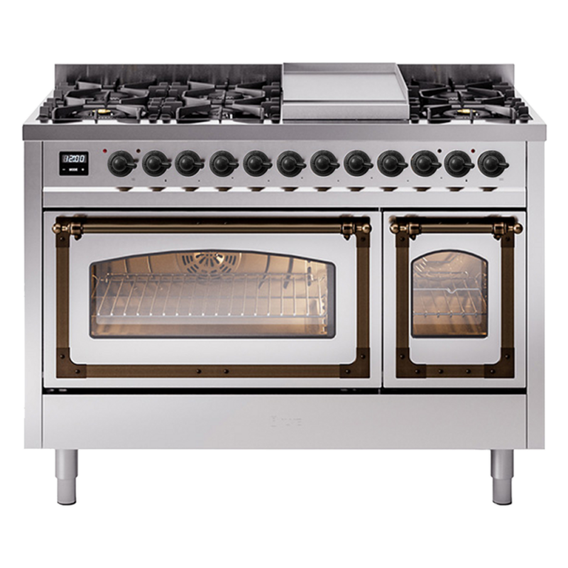 Nostalgie II Noblesse 48″ Dual Fuel Range  (8 Sealed Burners + Griddle, Liquid Propane, Triple Glass Door, Stainless Steel, Burnished) UN48FNMPSSBLP