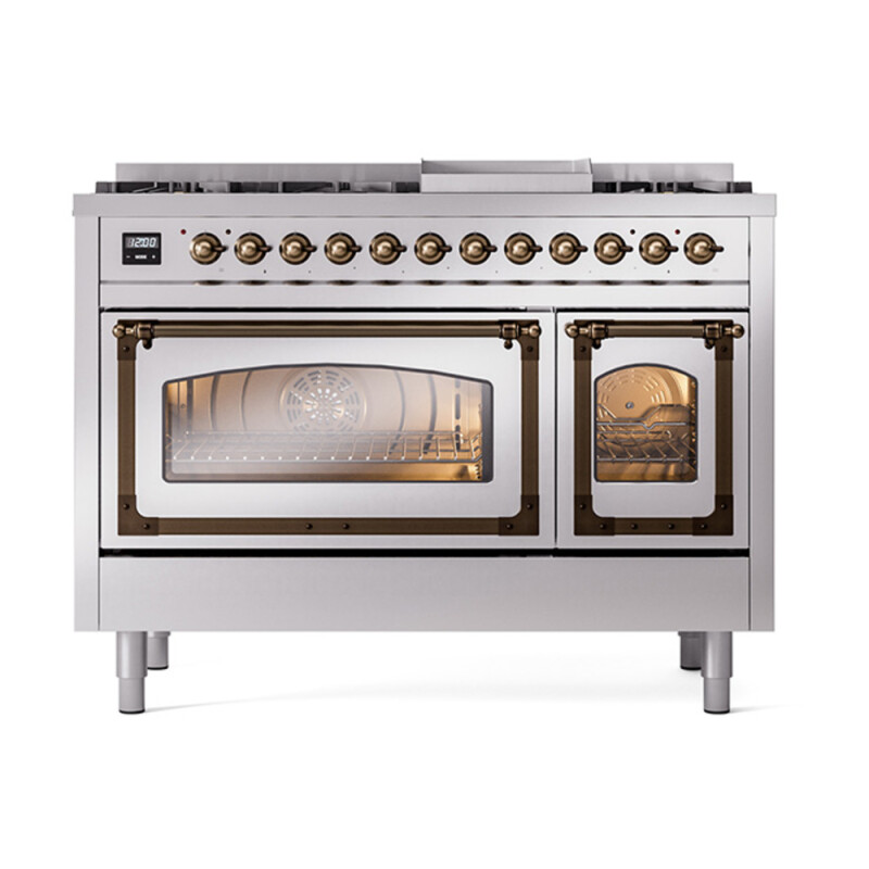 Nostalgie II Noblesse 48″ Dual Fuel Range  (8 Sealed Burners + Griddle, Liquid Propane, Triple Glass Door, Stainless Steel, Burnished) UN48FNMPSSBLP
