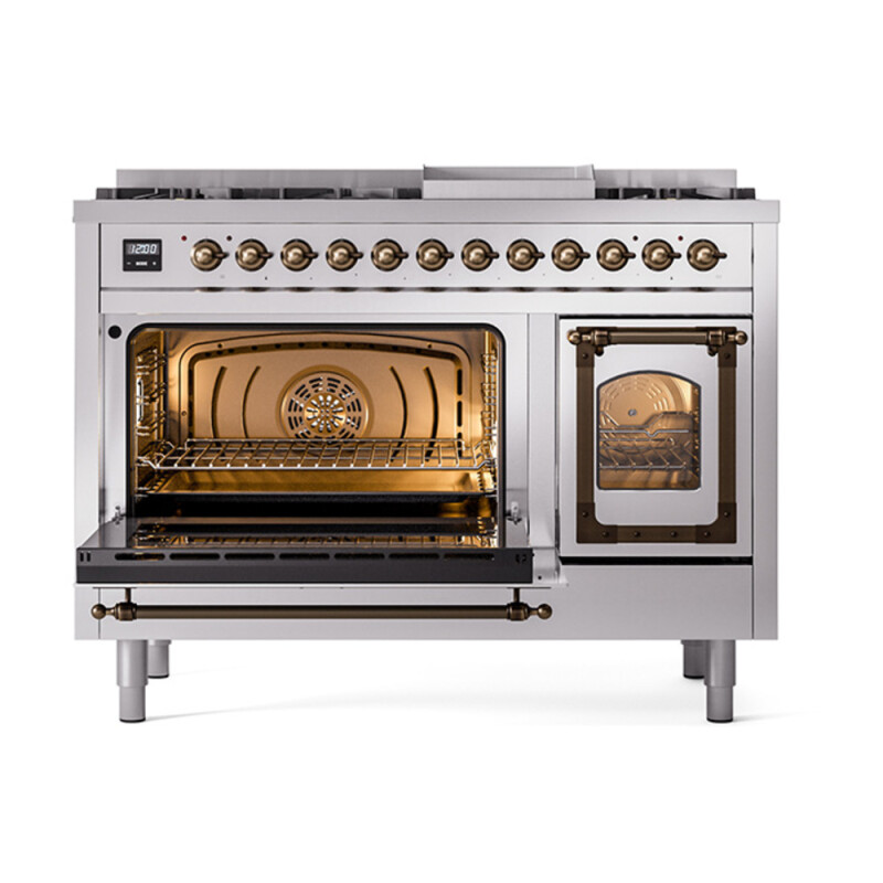 Nostalgie II Noblesse 48″ Dual Fuel Range  (8 Sealed Burners + Griddle, Liquid Propane, Triple Glass Door, Stainless Steel, Burnished) UN48FNMPSSBLP