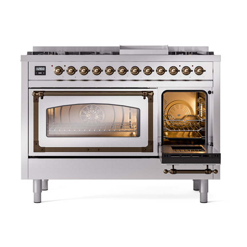 Nostalgie II Noblesse 48″ Dual Fuel Range  (8 Sealed Burners + Griddle, Liquid Propane, Triple Glass Door, Stainless Steel, Burnished) UN48FNMPSSBLP