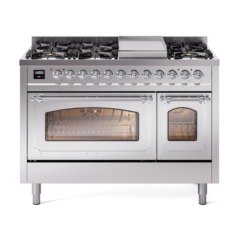 Nostalgie II Noblesse 48″ Dual Fuel Range (8 Sealed Burners + Griddle, Natural Gas, Triple Glass Door, Stainless Steel, Chrome) UN48FNMPSSC