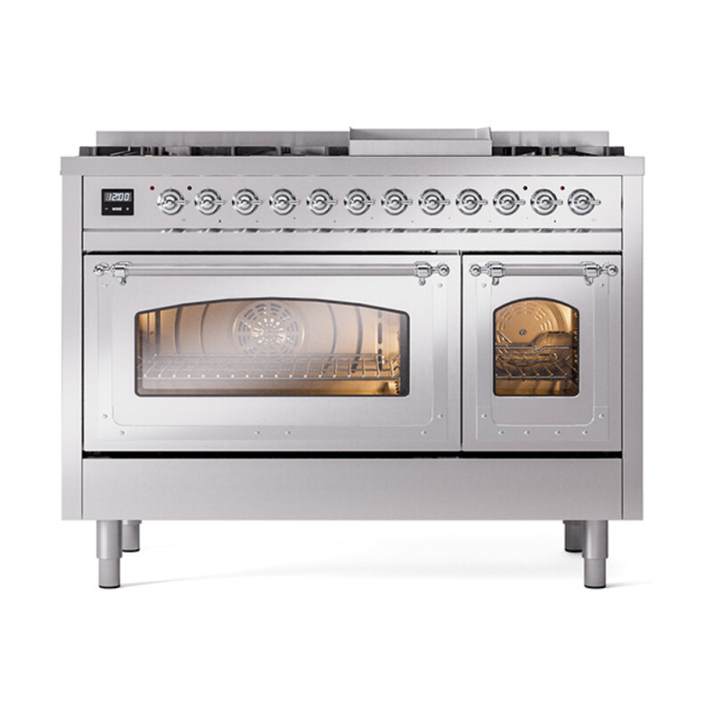 Nostalgie II Noblesse 48″ Dual Fuel Range (8 Sealed Burners + Griddle, Natural Gas, Triple Glass Door, Stainless Steel, Chrome) UN48FNMPSSC