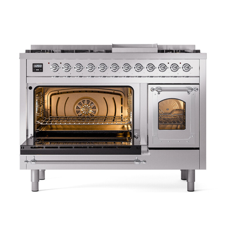 Nostalgie II Noblesse 48″ Dual Fuel Range (8 Sealed Burners + Griddle, Natural Gas, Triple Glass Door, Stainless Steel, Chrome) UN48FNMPSSC