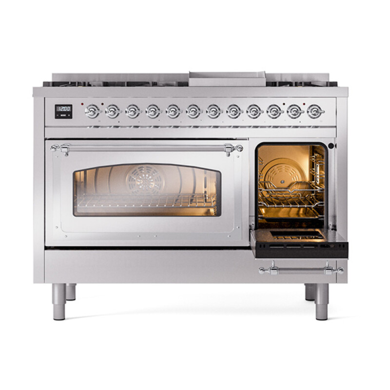 Nostalgie II Noblesse 48″ Dual Fuel Range (8 Sealed Burners + Griddle, Natural Gas, Triple Glass Door, Stainless Steel, Chrome) UN48FNMPSSC