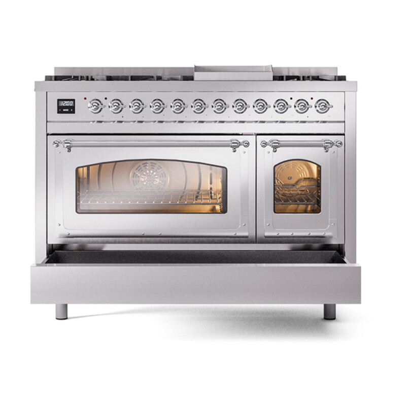 Nostalgie II Noblesse 48″ Dual Fuel Range (8 Sealed Burners + Griddle, Natural Gas, Triple Glass Door, Stainless Steel, Chrome) UN48FNMPSSC