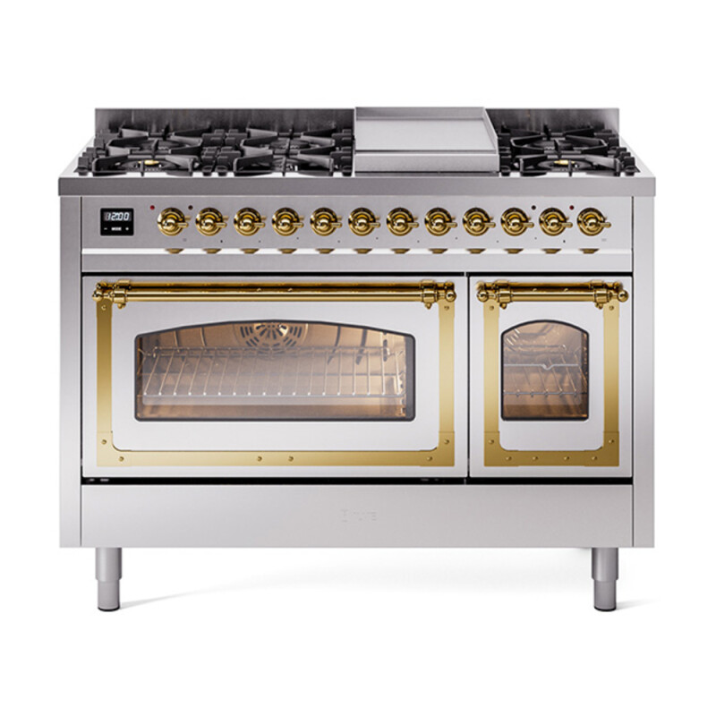 Nostalgie II Noblesse 48″ Dual Fuel Range  (8 Sealed Burners + Griddle, Natural Gas, Triple Glass Door, Stainless Steel, Brass) UN48FNMPSSG