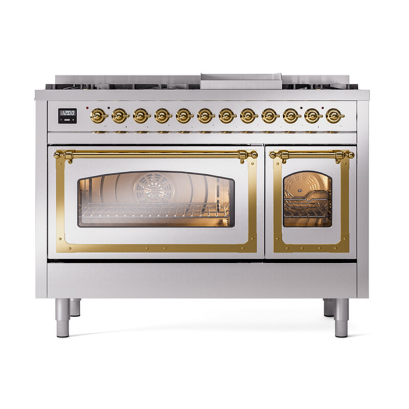 Nostalgie II Noblesse 48″ Dual Fuel Range  (8 Sealed Burners + Griddle, Natural Gas, Triple Glass Door, Stainless Steel, Brass) UN48FNMPSSG