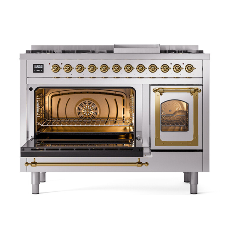 Nostalgie II Noblesse 48″ Dual Fuel Range  (8 Sealed Burners + Griddle, Natural Gas, Triple Glass Door, Stainless Steel, Brass) UN48FNMPSSG