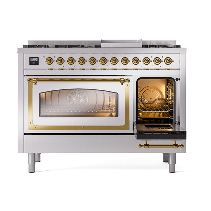 Nostalgie II Noblesse 48″ Dual Fuel Range  (8 Sealed Burners + Griddle, Natural Gas, Triple Glass Door, Stainless Steel, Brass) UN48FNMPSSG