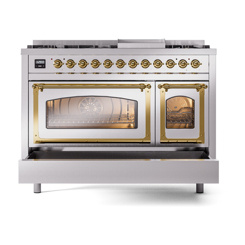 Nostalgie II Noblesse 48″ Dual Fuel Range  (8 Sealed Burners + Griddle, Natural Gas, Triple Glass Door, Stainless Steel, Brass) UN48FNMPSSG