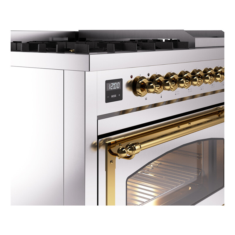 Nostalgie II Noblesse 48″ Dual Fuel Range  (8 Sealed Burners + Griddle, Natural Gas, Triple Glass Door, Stainless Steel, Brass) UN48FNMPSSG