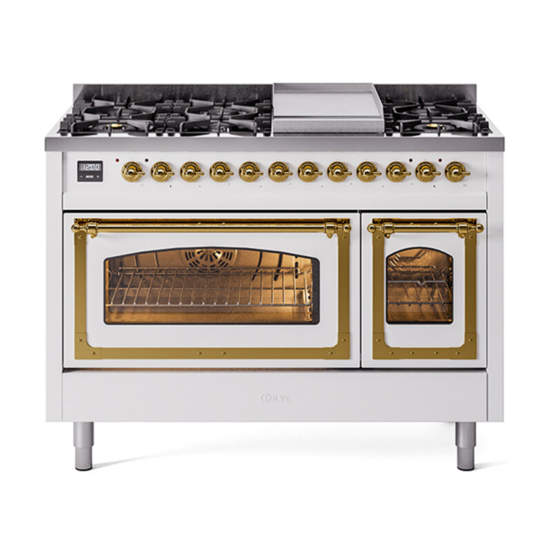 Nostalgie II Noblesse 48″ Dual Fuel Range  (8 Sealed Burners + Griddle, Natural Gas, Triple Glass Door, White, Brass) UN48FNMPWHG