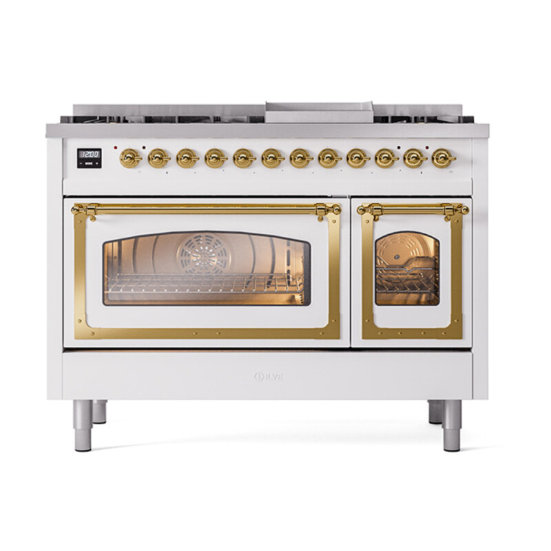 Nostalgie II Noblesse 48″ Dual Fuel Range  (8 Sealed Burners + Griddle, Natural Gas, Triple Glass Door, White, Brass) UN48FNMPWHG
