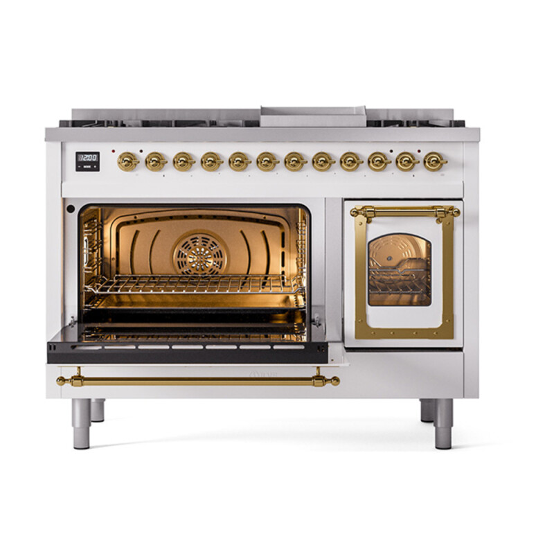 Nostalgie II Noblesse 48″ Dual Fuel Range  (8 Sealed Burners + Griddle, Natural Gas, Triple Glass Door, White, Brass) UN48FNMPWHG