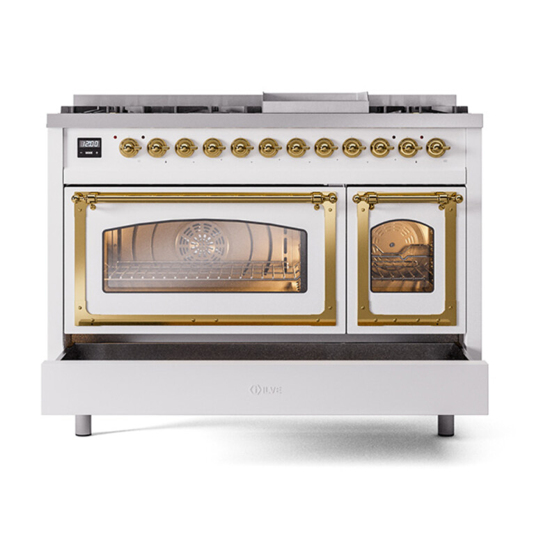 Nostalgie II Noblesse 48″ Dual Fuel Range  (8 Sealed Burners + Griddle, Natural Gas, Triple Glass Door, White, Brass) UN48FNMPWHG