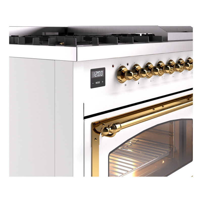 Nostalgie II Noblesse 48″ Dual Fuel Range  (8 Sealed Burners + Griddle, Natural Gas, Triple Glass Door, White, Brass) UN48FNMPWHG