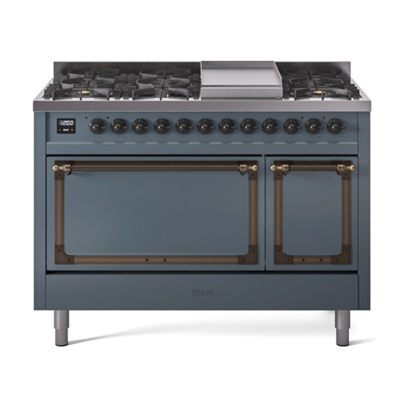Nostalgie II Noblesse 48″ Dual Fuel Range  (8 Sealed Burners + Griddle, Natural Gas, Solid Door, Blue Grey, Burnished) UN48FQNMPBGB