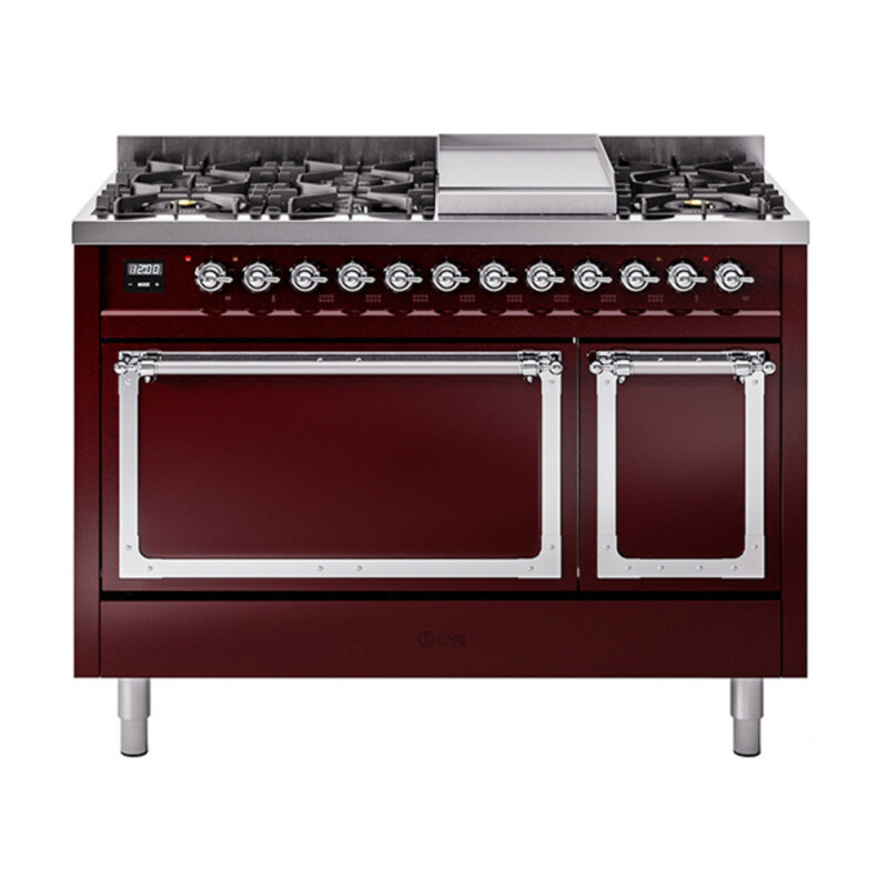 Nostalgie II Noblesse 48″ Dual Fuel Range  (8 Sealed Burners + Griddle, Natural Gas, Solid Door, Burgundy, Chrome) UN48FQNMPBUC