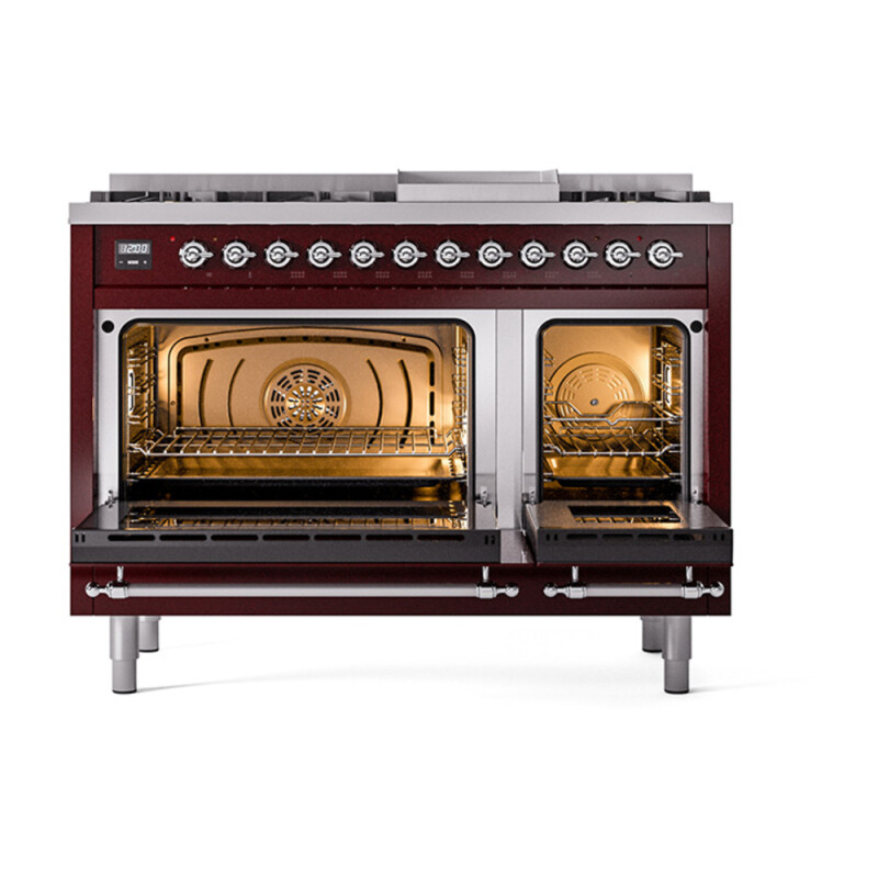Nostalgie II Noblesse 48″ Dual Fuel Range  (8 Sealed Burners + Griddle, Natural Gas, Solid Door, Burgundy, Chrome) UN48FQNMPBUC