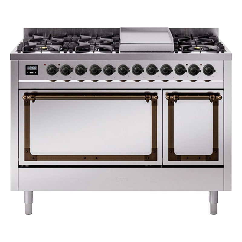 Nostalgie II Noblesse 48″ Dual Fuel Range (8 Sealed Burners + Griddle, Natural Gas, Solid Door, Stainless Steel, Burnished) UN48FQNMPSSB