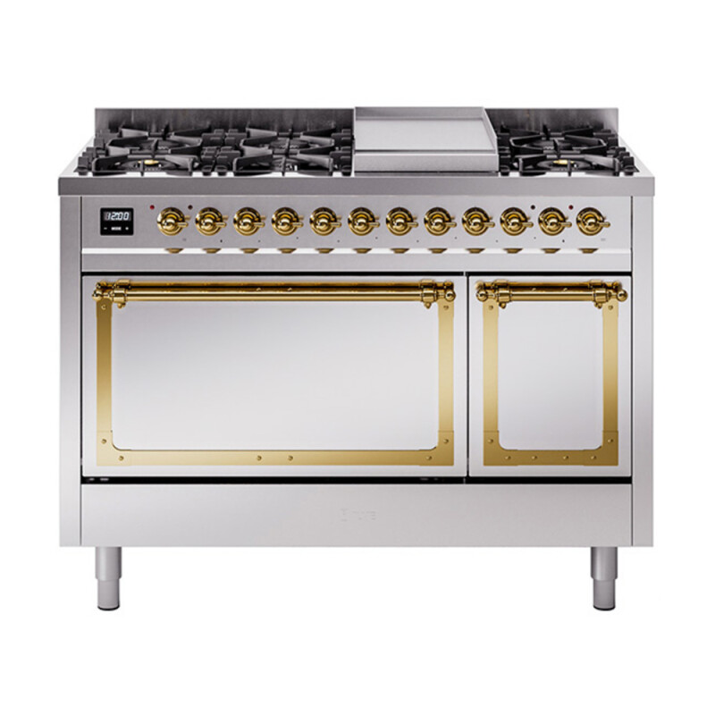 Nostalgie II Noblesse 48″ Dual Fuel Range  (8 Sealed Burners + Griddle, Natural Gas, Solid Door, Stainless Steel, Brass) UN48FQNMPSSG