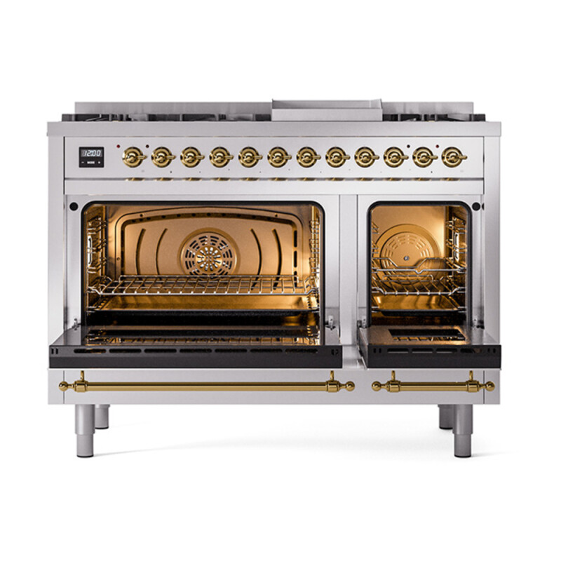 Nostalgie II Noblesse 48″ Dual Fuel Range  (8 Sealed Burners + Griddle, Natural Gas, Solid Door, Stainless Steel, Brass) UN48FQNMPSSG