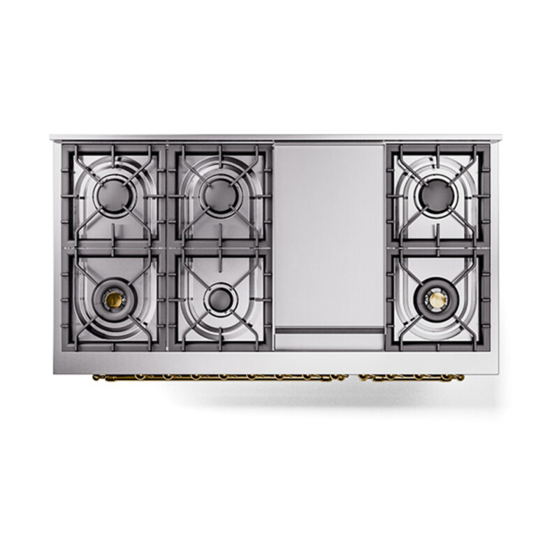 Nostalgie II Noblesse 48″ Dual Fuel Range  (8 Sealed Burners + Griddle, Natural Gas, Solid Door, Stainless Steel, Brass) UN48FQNMPSSG