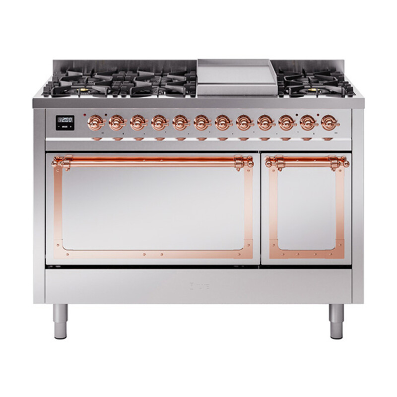 Nostalgie II Noblesse 48″ Dual Fuel Range  (8 Sealed Burners + Griddle, Natural Gas, Solid Door, Stainless Steel, Copper) UN48FQNMPSSP