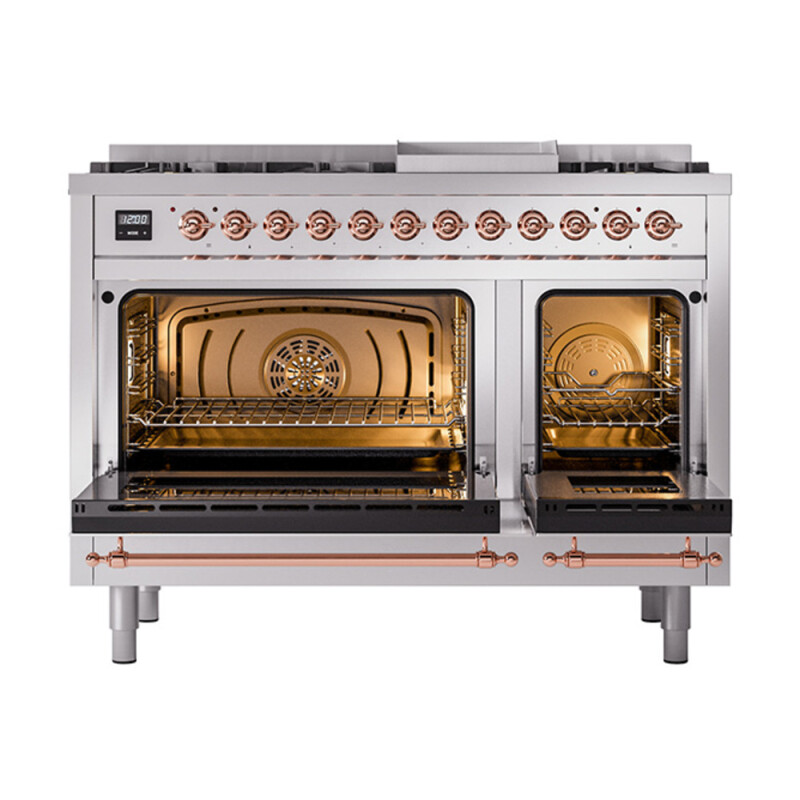 Nostalgie II Noblesse 48″ Dual Fuel Range  (8 Sealed Burners + Griddle, Natural Gas, Solid Door, Stainless Steel, Copper) UN48FQNMPSSP
