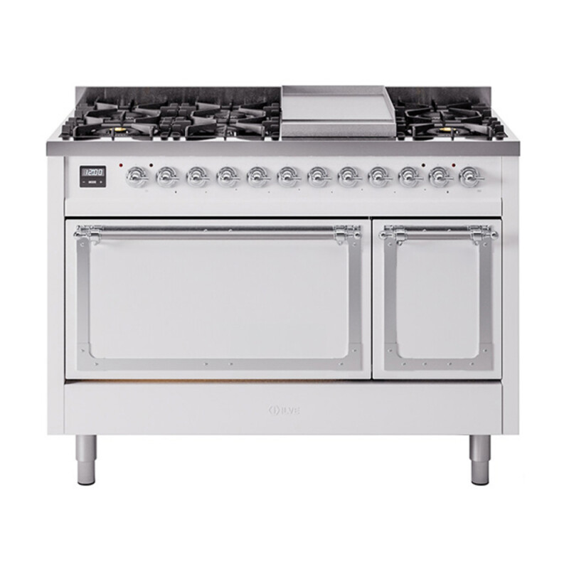 Nostalgie II Noblesse 48″ Dual Fuel Range  (8 Sealed Burners + Griddle, Natural Gas, Solid Door, White, Chrome) UN48FQNMPWHC