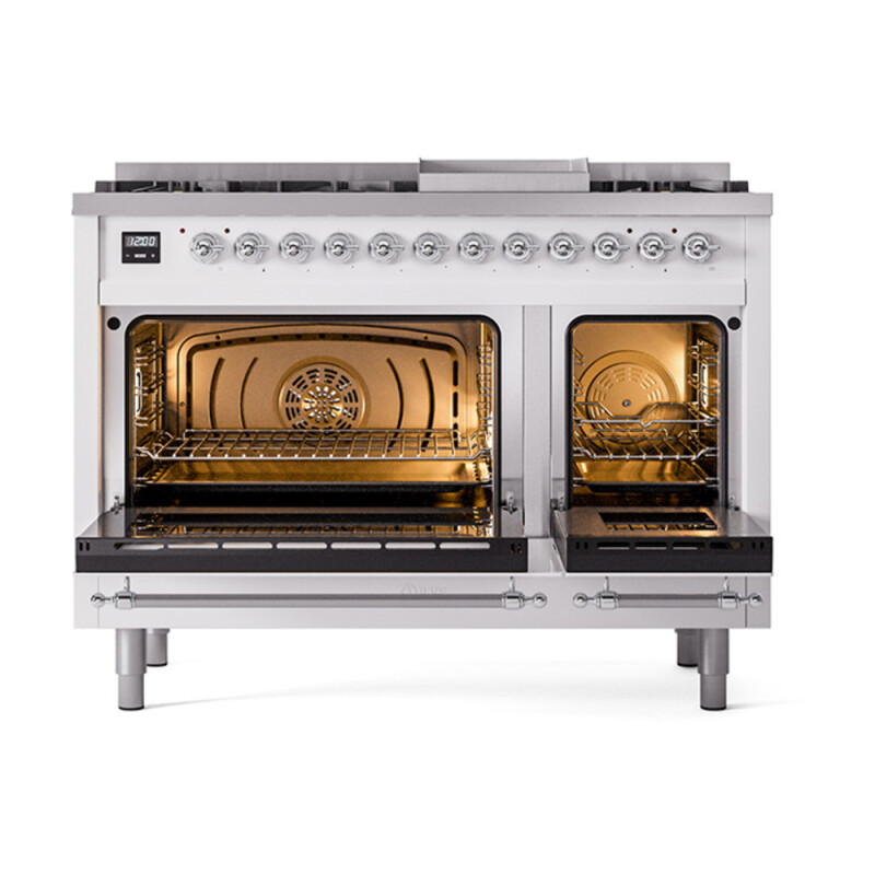 Nostalgie II Noblesse 48″ Dual Fuel Range  (8 Sealed Burners + Griddle, Natural Gas, Solid Door, White, Chrome) UN48FQNMPWHC