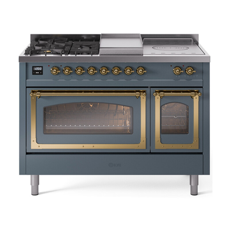 Nostalgie II Noblesse 48″ Dual Fuel Range  (5 Sealed Burners + Griddle + French Top, Natural Gas, Triple Glass Door, Blue Grey, Brass) UN48FSNMPBGG
