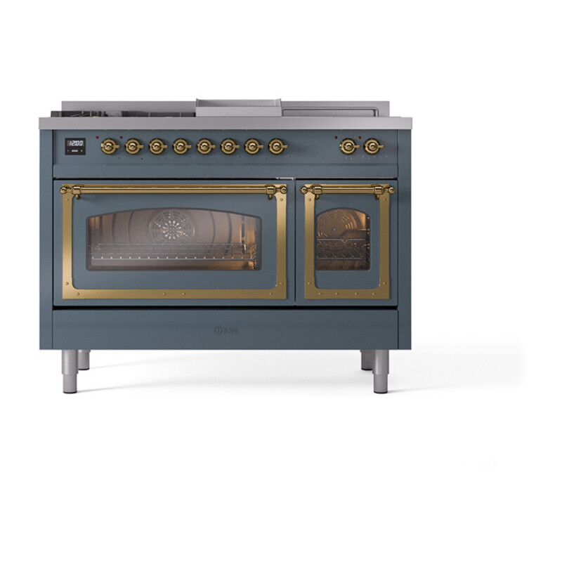Nostalgie II Noblesse 48″ Dual Fuel Range  (5 Sealed Burners + Griddle + French Top, Natural Gas, Triple Glass Door, Blue Grey, Brass) UN48FSNMPBGG